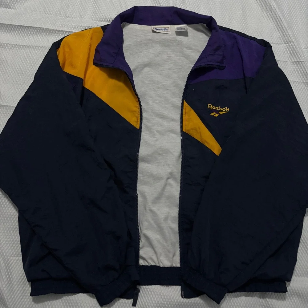 Vtg 90s Reebok Windbreaker Jacket Navy Purple Gold Colorblock Men Large‎ L